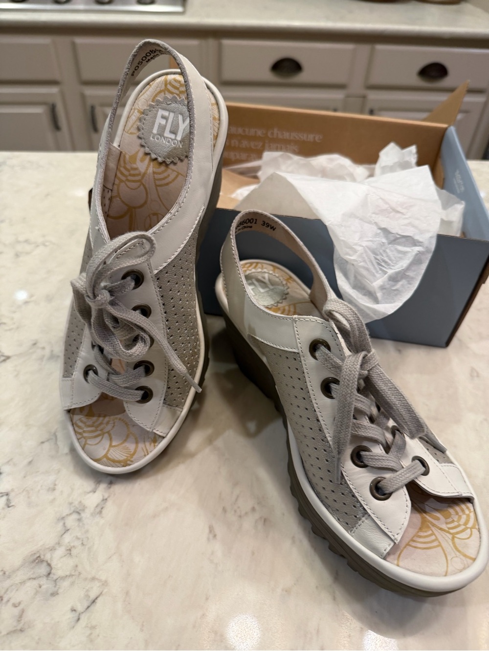Fly London NEW size 39, neutral palette perforated leather Lace-Up wedge Sandals